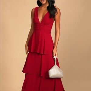 Lulus Celebration Time Red Sleeveless Tiered Midi Dress